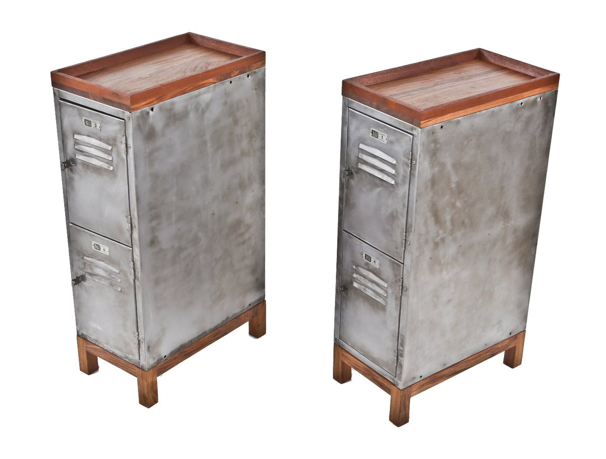 two matching repurposed "asi" american industrial pressed and folded steel stationary locker side tables with solid walnut wood tray tops