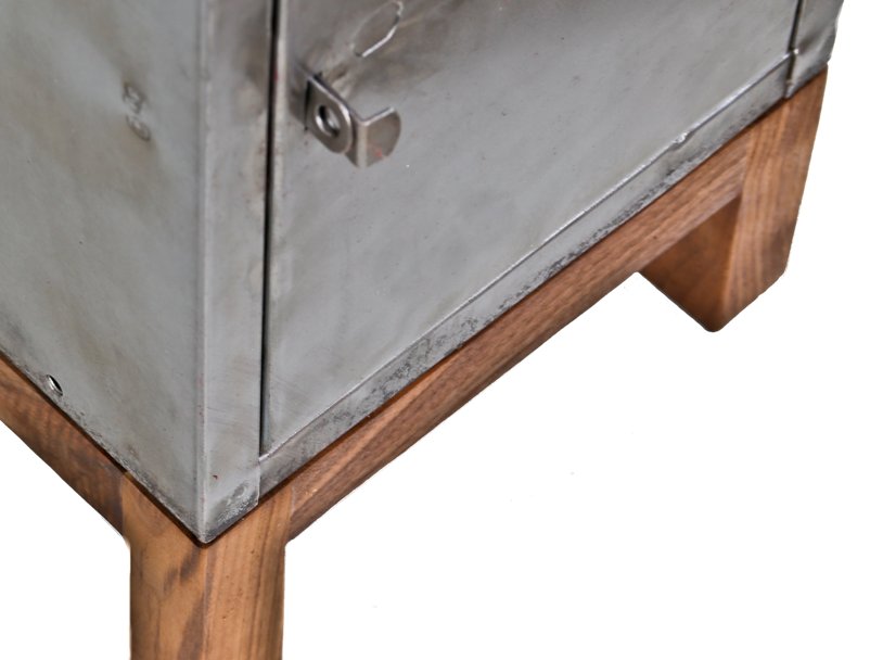 two matching repurposed "asi" american industrial pressed and folded steel stationary locker side tables with solid walnut wood tray tops