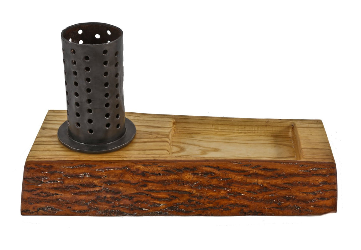 distinctive repurposed combination desk or table lamp with storage tray comprised of live edge oak wood slab and perforated cylindrical-shaped iron foundry component