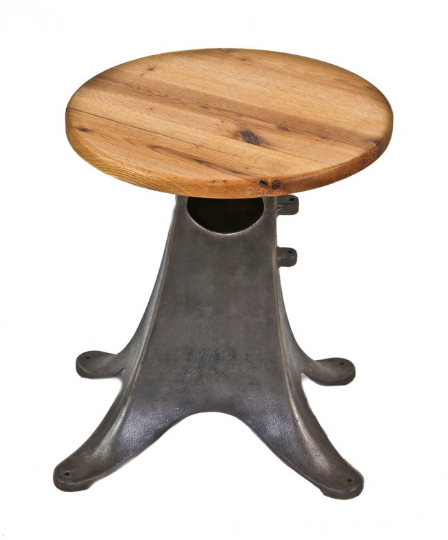 single early 20th century american antique industrial repurposed low-lying stationary cast iron side table or nightstand with newly added circular-shaped solid oak wood top