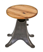 single early 20th century american antique industrial repurposed low-lying stationary cast iron side table or nightstand with newly added circular-shaped solid oak wood top