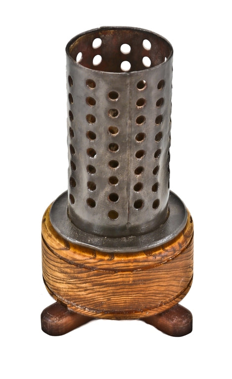 repurposed vintage american industrial candle holder or single electric light table lamp with custom-built turned zebra woodbase and cast iron shade