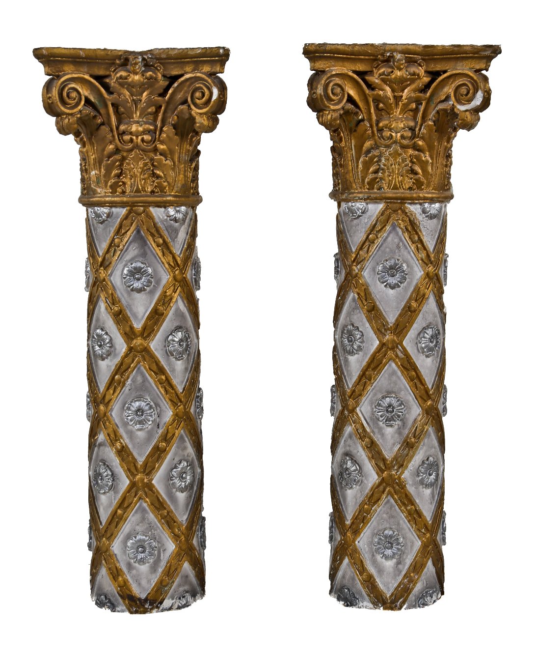 matching set of original early 1930's american ornamental cast plaster interior nortown theater lobby pilasters with highly detailed capitals containing acanthus leaves