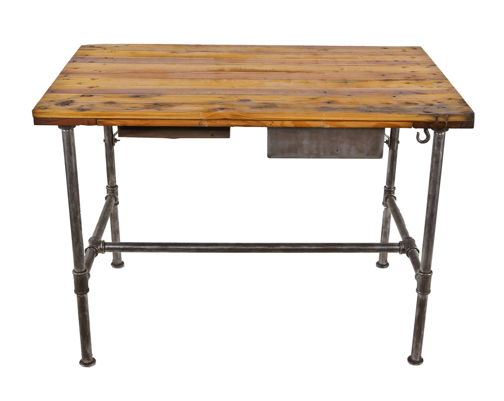 refinished early 1920's american antique industrial four-legged steel pipe workshop table with single drawer and paper slot or compartment