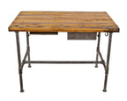 refinished early 1920's american antique industrial four-legged steel pipe workshop table with single drawer and paper slot or compartment