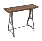 repurposed original lat 19th century american antique industrial "companion" ornamental cast iron lathe side table or console with a uniform brushed metal finish