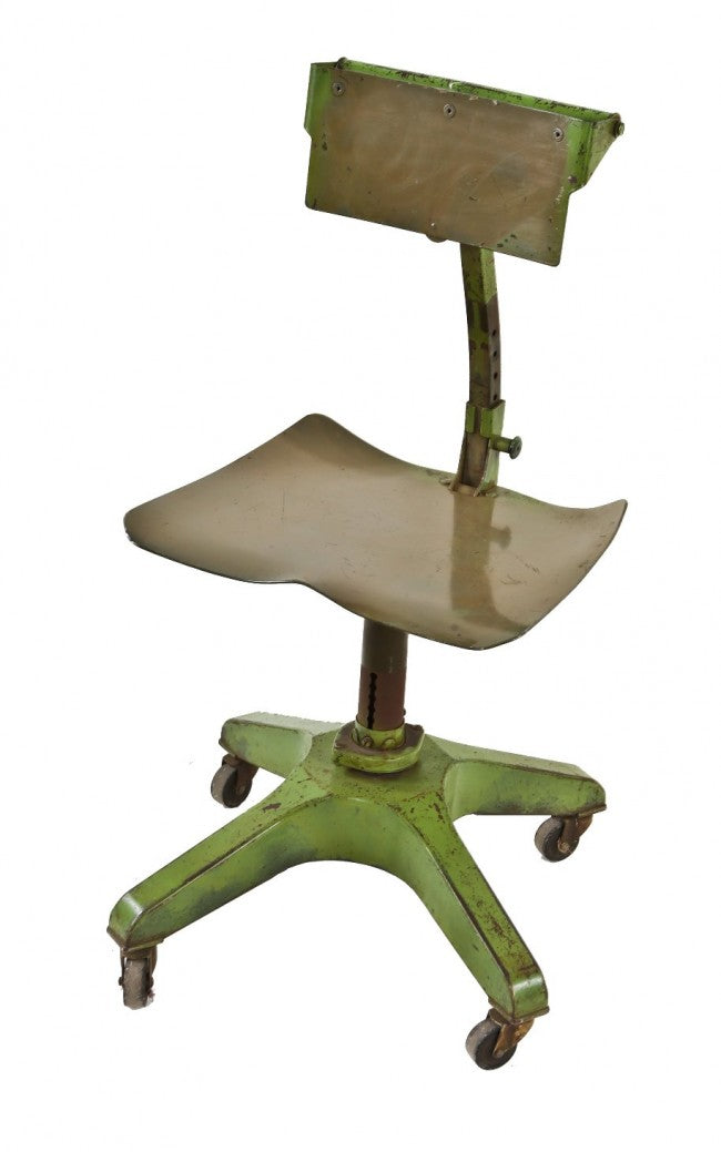 all original and fully functional original antique american industrial depression era low-lying all-metal factory office "posture-chair" with intact bassick swivel casters