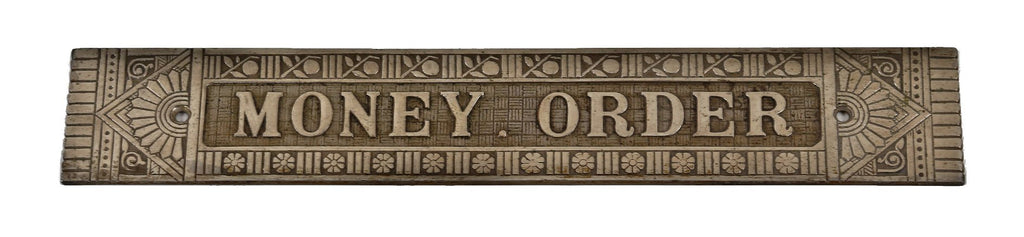 rare all original 19th century antique american aesthetic style nickel-plated bronze "money order" single-sided bank teller sign plaque
