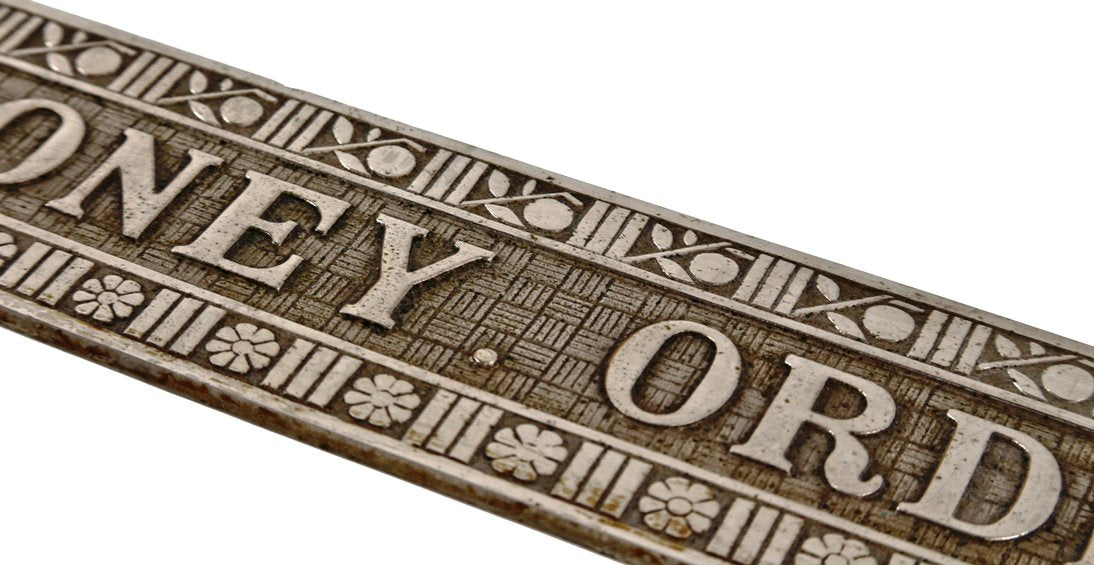 rare all original 19th century antique american aesthetic style nickel-plated bronze "money order" single-sided bank teller sign plaque