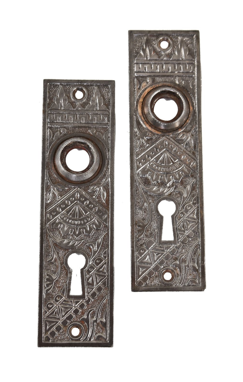 pair of original late 19th century antique american ornamental cast iron "oriental" pattern interior residential doorknob backplates with wrought steel collars