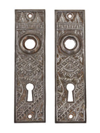 matching set of original late 19th century ornamental cast iron "oriental" pattern interior residential passage door backplates or escutcheons