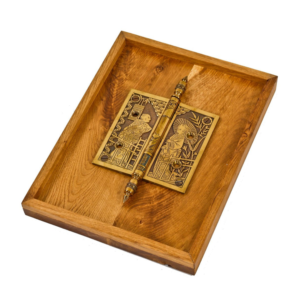 highly collectible 19th century american aesthetic movement cast bronze interior residential door hinge featuring costumed japanese figures mounted on a custom-built wood plaque