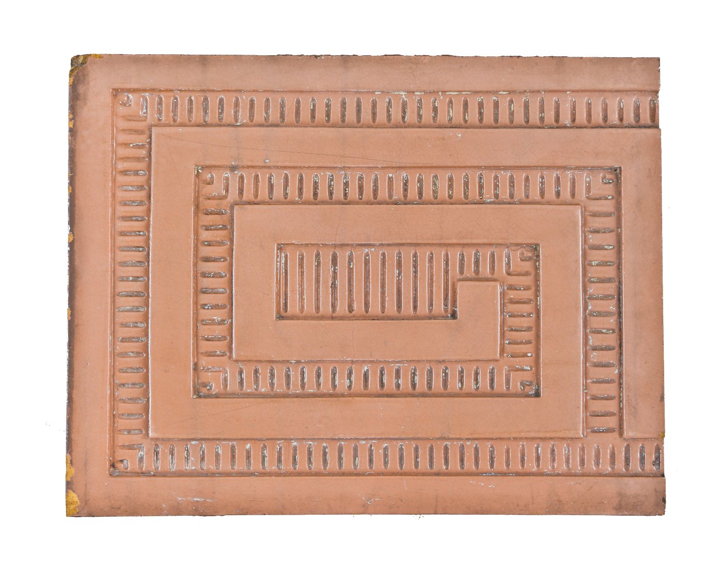 original 19th century american antique y.w.c.a. building exterior salmon-colored glazed terra cotta panel with meander or greek fret design