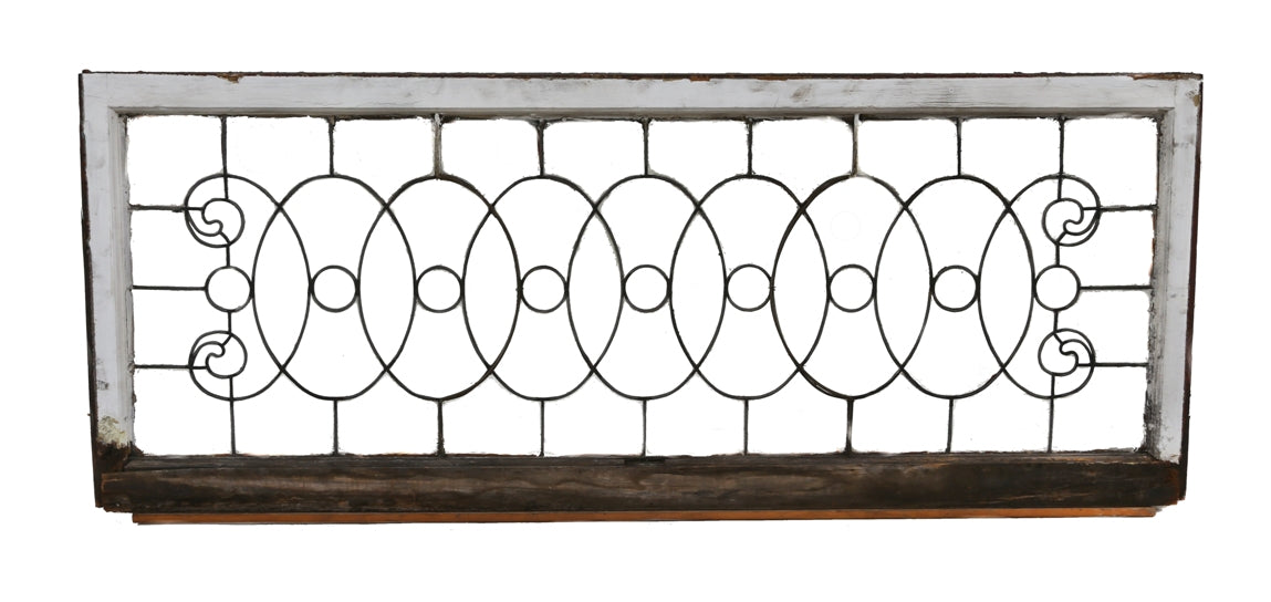 oversized 19th century all original antique american interior residential clear leaded clear glass transom window with an interlocking circle design motif
