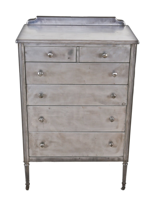 american depression era vintage industrial pressed and folded steel highboy simmons dresser with integrated pull-out writing desk