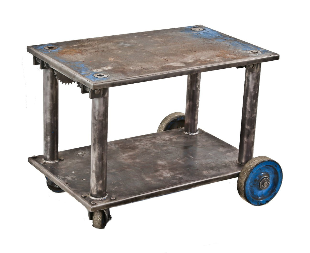 lightly cleaned and partially refinished american vintage industrial mobile heavy duty hand-crank die cart with original hardened rubber wheels