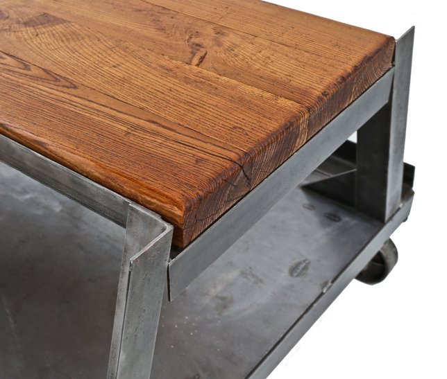 c. 1940's repurposed oversized heavy gauge all-welded joint angled steel sign factory mobile table with newly added solid old growth oak wood boards and spacious undershelf
