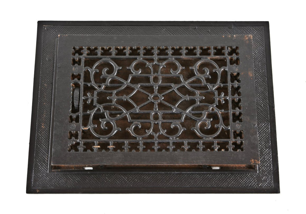 all original late 19th century american antique black enameled ornamental cast iron louvered register or floor grate with matching surround