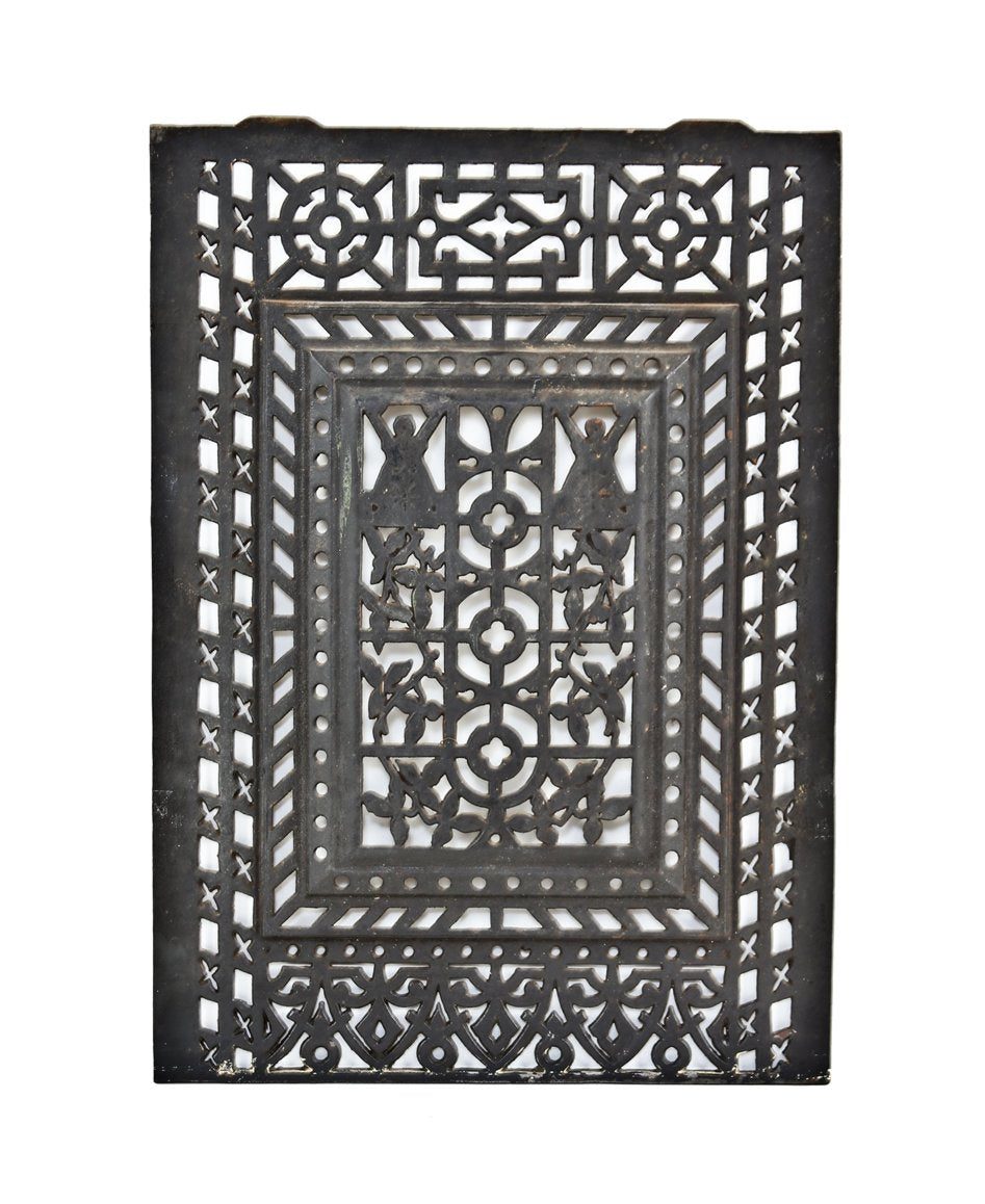 c. 1860's original antique american victorian era aesthetic movement new york city rowhouse black enameled ornamental cast iron interior fireplace summer cover