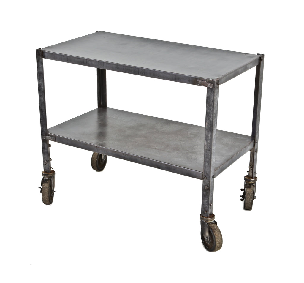 refinished late 1920's original american medical two-tier pressed and folded heavy gauge angled iron hospital kitchen supply table with casters