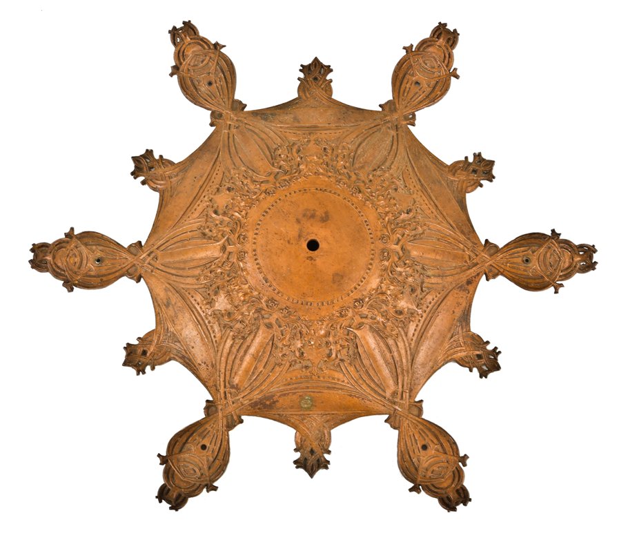 incredibly rare late 19th century oversized ornamental copper-plated cast iron guaranty building interior lobby ceiling medallion with richly ornate foliage
