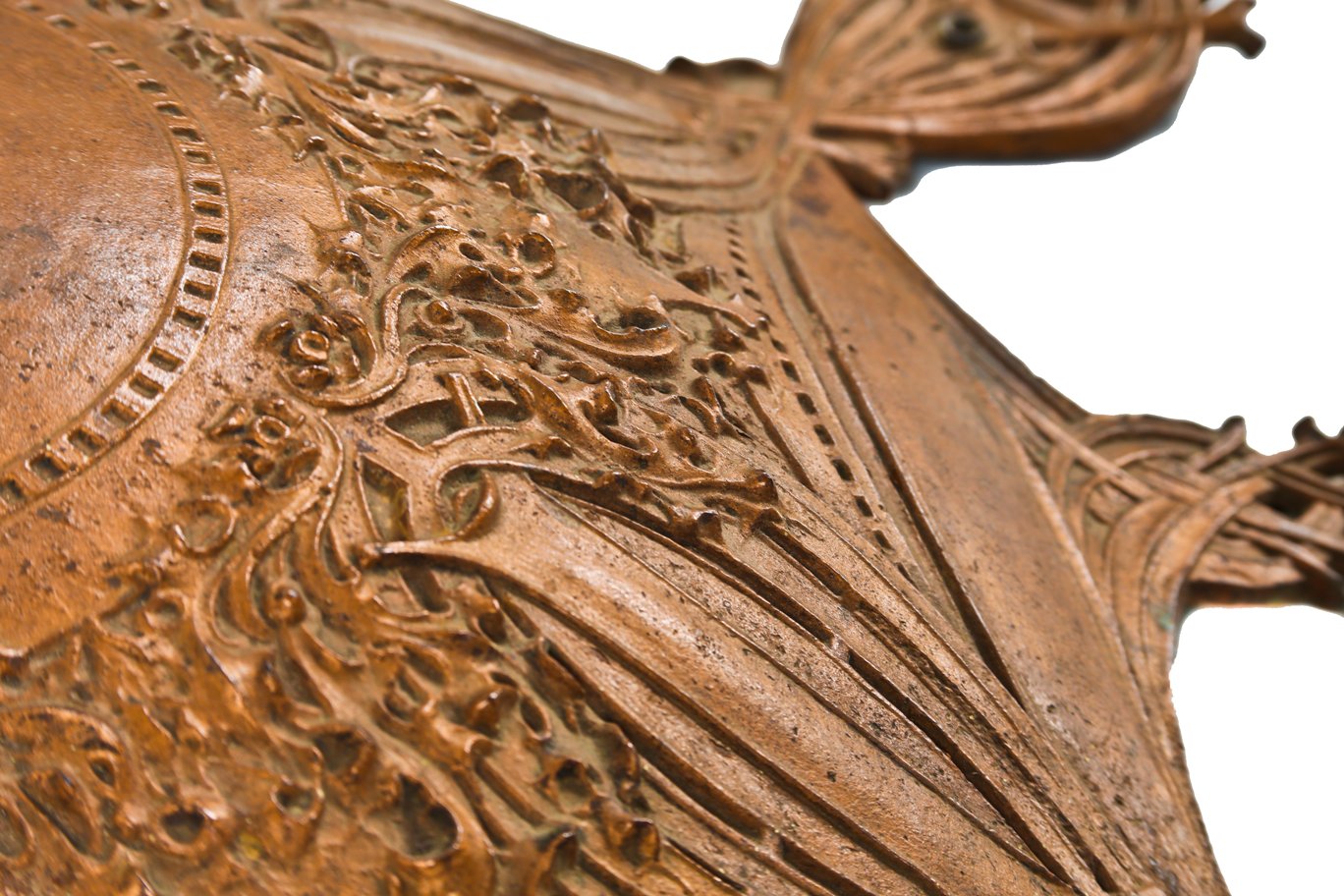 incredibly rare late 19th century oversized ornamental copper-plated cast iron guaranty building interior lobby ceiling medallion with richly ornate foliage