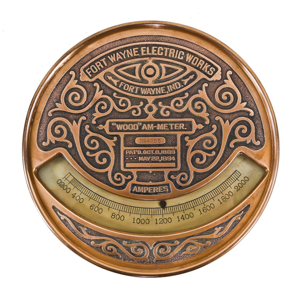 hard to find late 19th century original and intact heavy ornamental cast bronze james j. wood-designed early electric switchboard ammeter with abundant foliated scrollwork along the face