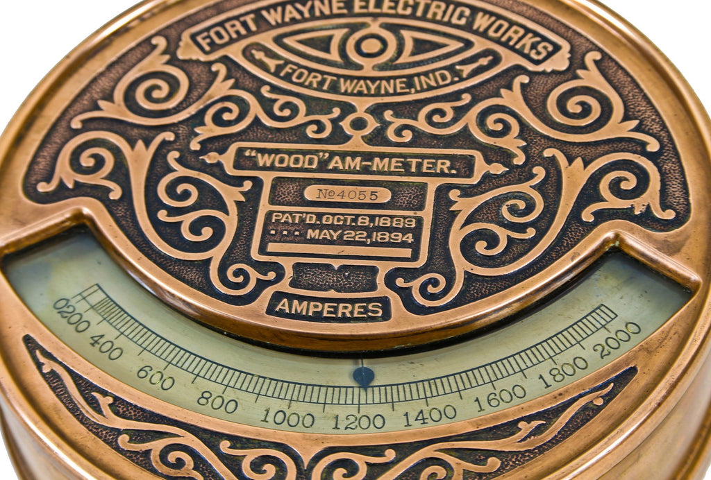 hard to find late 19th century original and intact heavy ornamental cast bronze james j. wood-designed early electric switchboard ammeter with abundant foliated scrollwork along the face