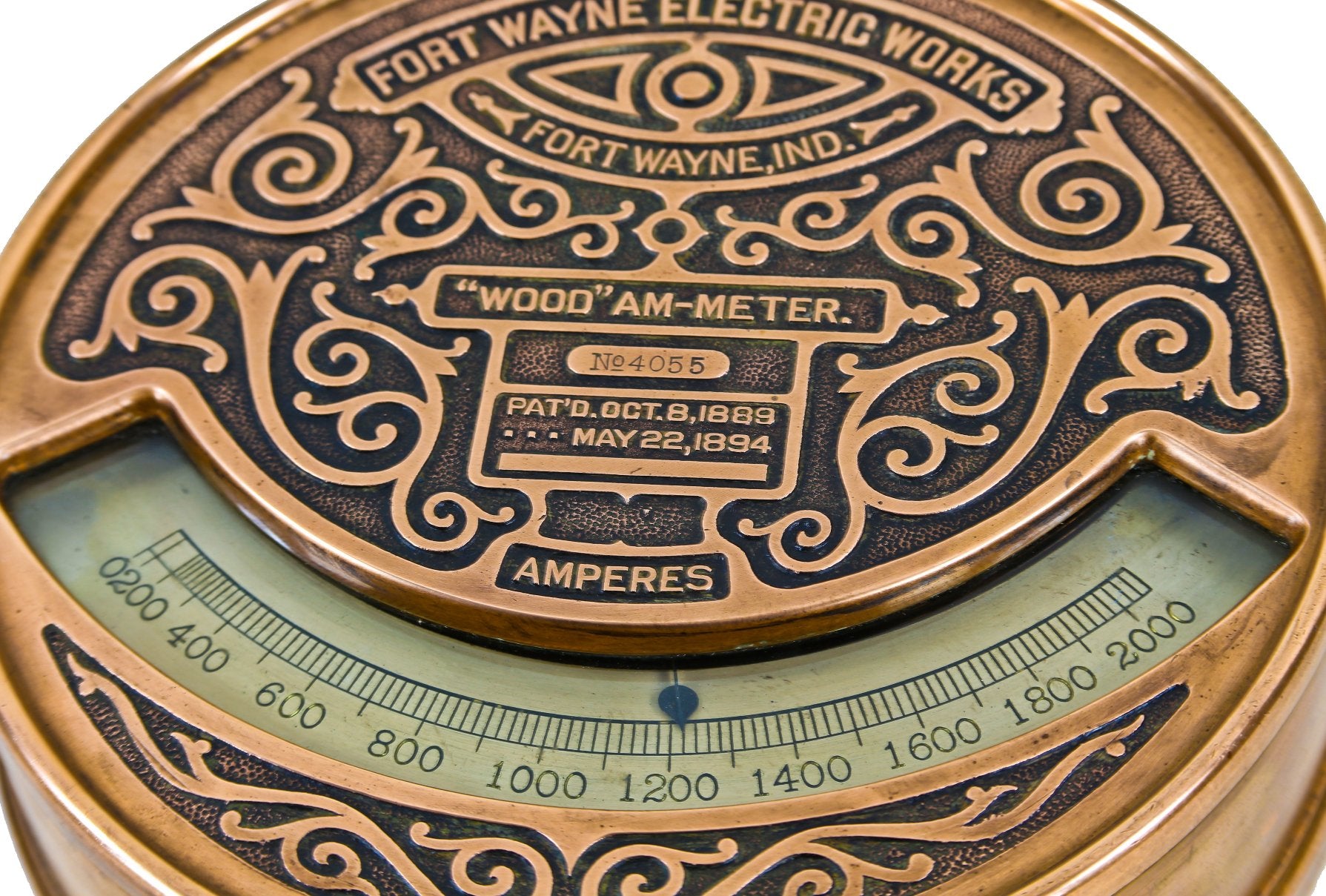 hard to find late 19th century original and intact heavy ornamental cast bronze james j. wood-designed early electric switchboard ammeter with abundant foliated scrollwork along the face