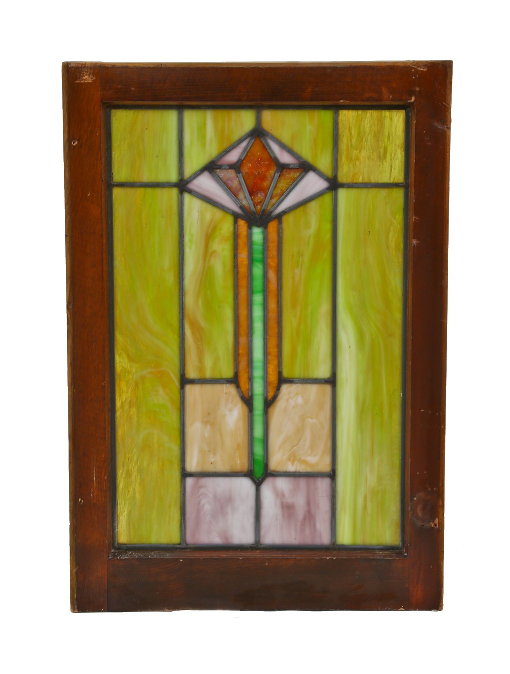 all original well-maintained single american interior residential arts & crafts or craftsman style stained glass window with abstract floral motif