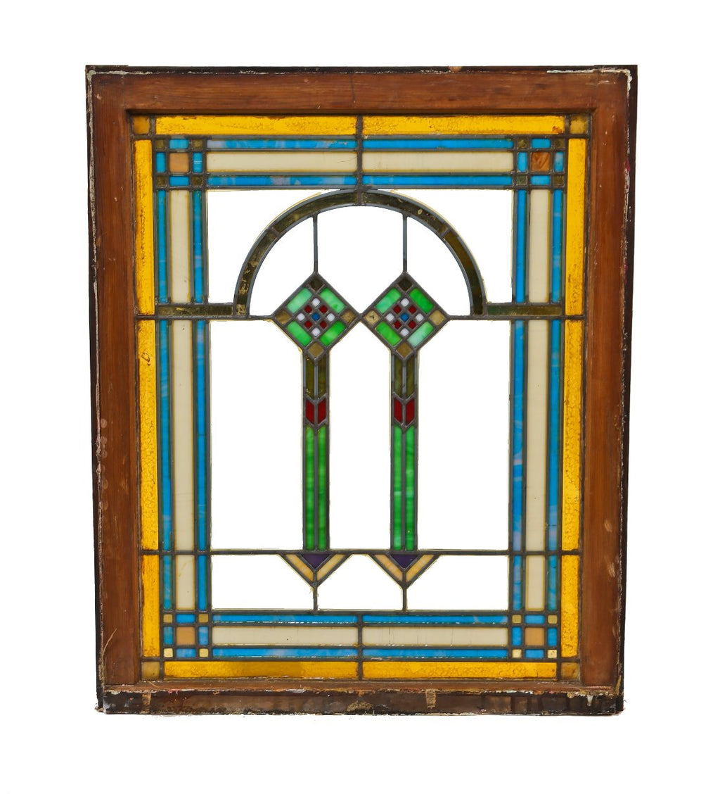 chicago prairie style interior residential simple and sleek geometrically designed leaded art glass double hung sash window with intact varnished pine wood sash frame