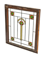 early 1920's american prairie school style interior residential chicago bungalow leaded art glass window with multi-colored squares accentuated with gold leaf sandwich glass