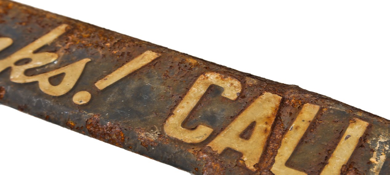 nicely worn and weathered early 1940's vintage american shopkeeper's storefront single-sided entrance door push bar sign with original black and white paint finish