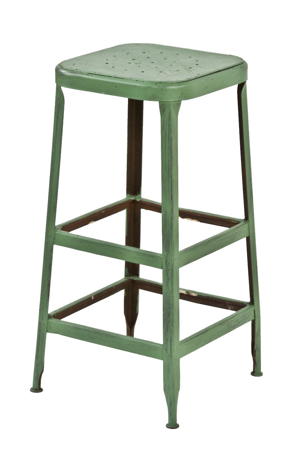 original "factory green" painted four-legged pressed and folded steel "lyon" american industrial stationary stool with a plurality of welded joint stretchers