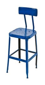 royal blue enameled four-legged vintage american industrial pressed and folded steel stationary machinist stool with intact backrest