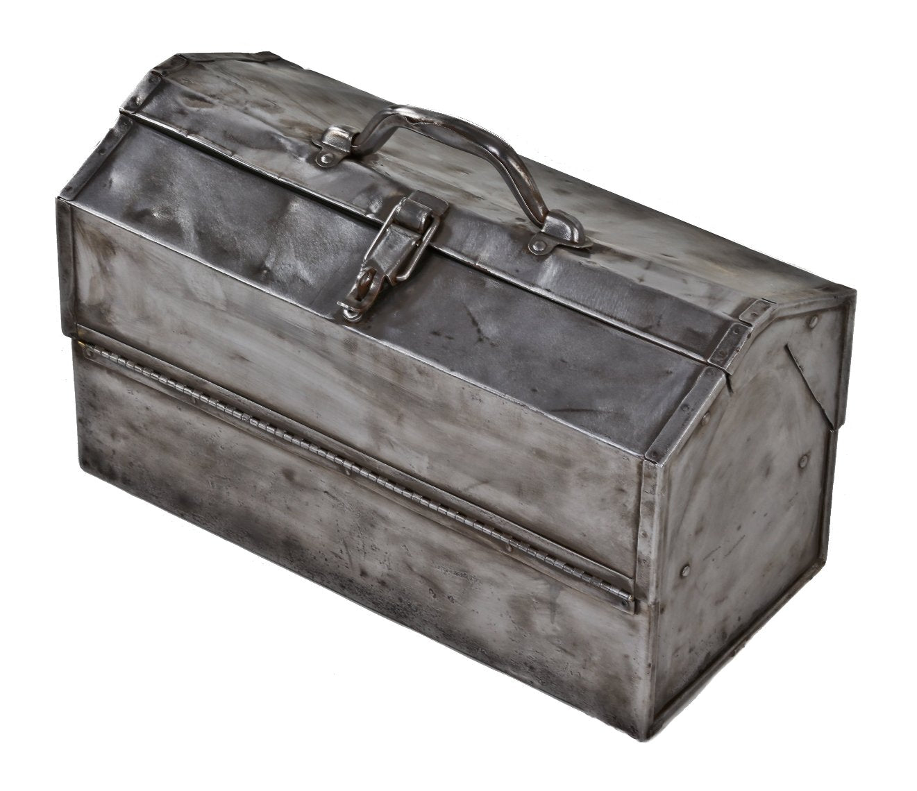 original c. 1930's vintage american industrial bent and folded heavy gauge brushed and sanded sheet steel portable toolbox with intact drop handle and clasp