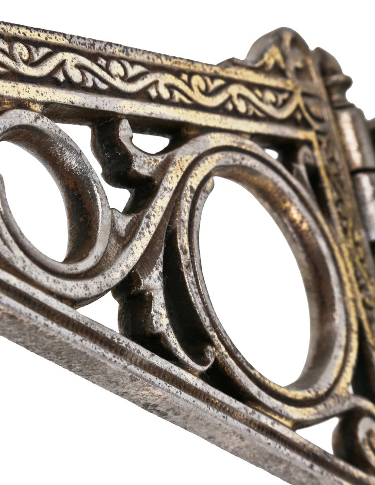 original and completely intact late 19th or early 20th century antique american ornamental cast iron drugstore window display show globe swivel bracket with acorn finials