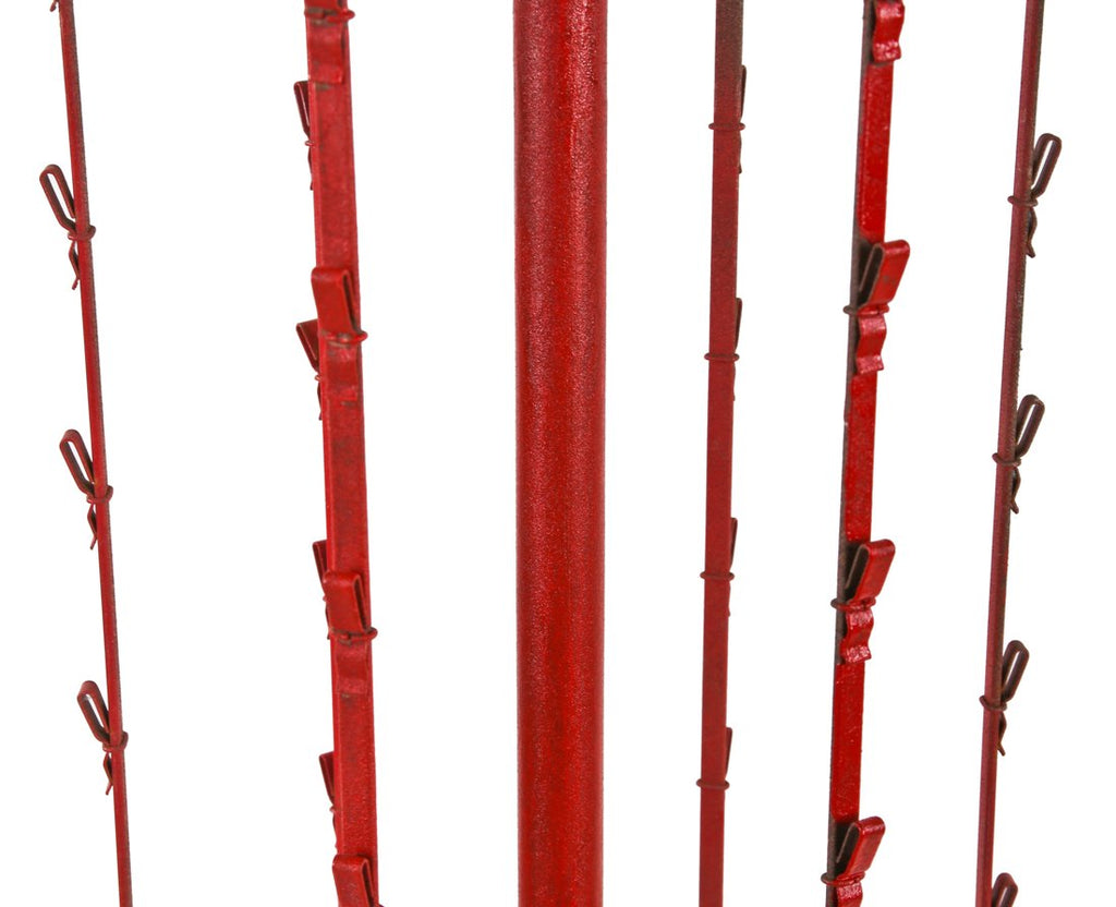 c. 1960's american vintage industrial lightweight painted red steel revolving clipper strip red owl grocery store product display rack with stationary four-legged base