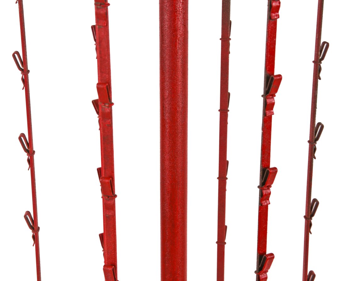 c. 1960's american vintage industrial lightweight painted red steel revolving clipper strip red owl grocery store product display rack with stationary four-legged base