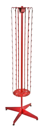 c. 1960's american vintage industrial lightweight painted red steel revolving clipper strip red owl grocery store product display rack with stationary four-legged base