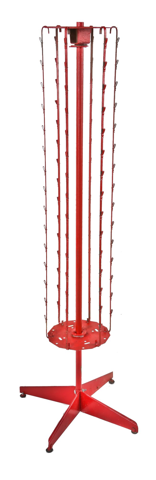 c. 1960's american vintage industrial lightweight painted red steel revolving clipper strip red owl grocery store product display rack with stationary four-legged base