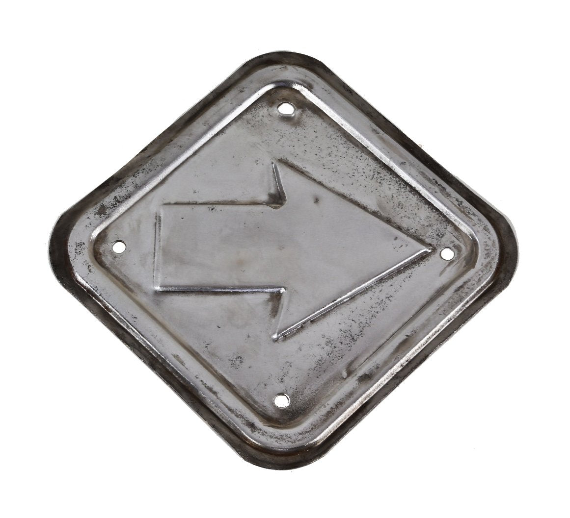 refinished heavy gauge steel diminutive diamond-shaped single sided wall-mount directional sign with lightly embossed arrow surrounded by a raised border