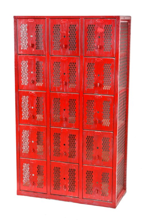 american industrial 15-unit compartmentalized red painted heavy gauge steel "expanded metal type" freestanding factory lunch hall locker