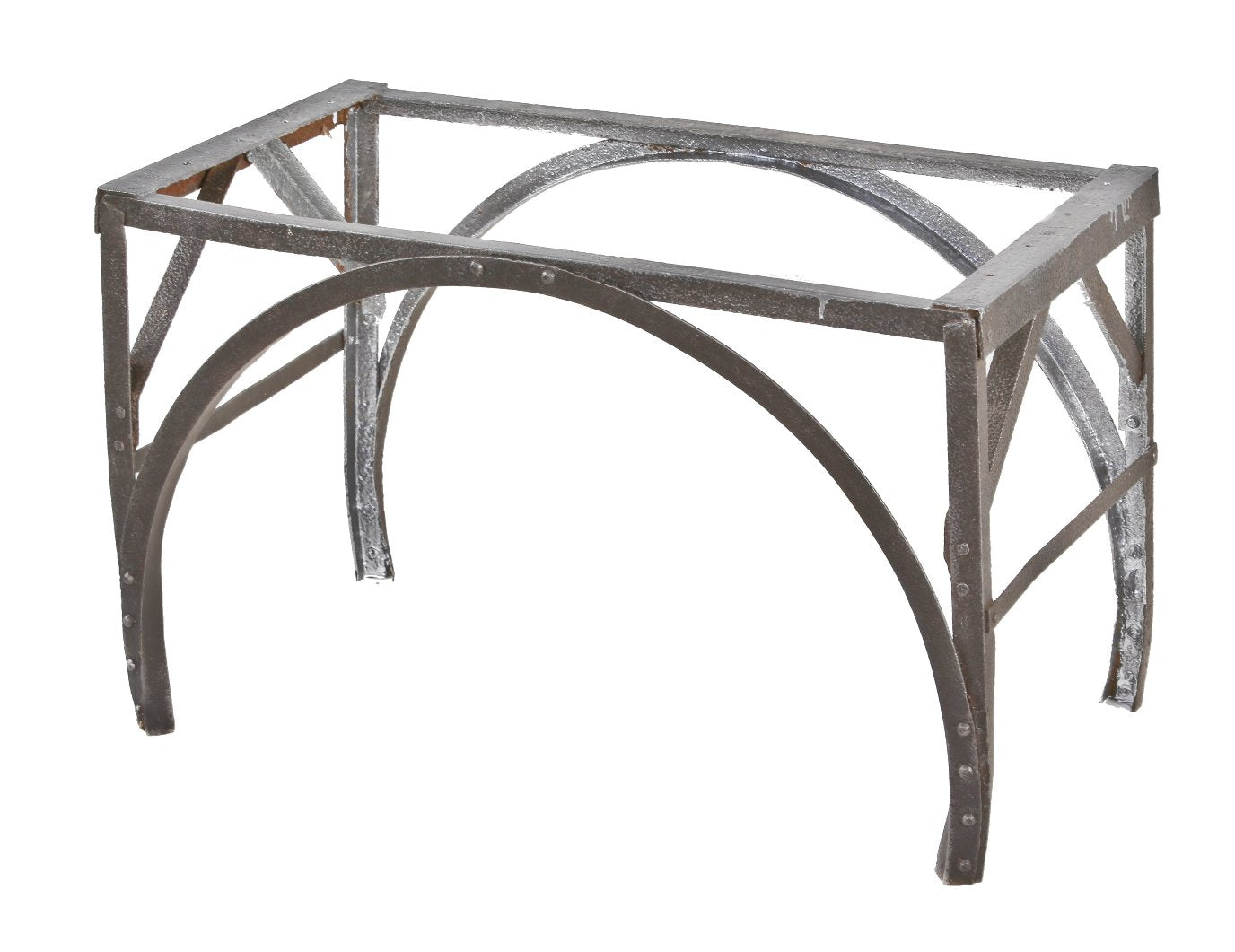 very unusual early 20th century american antique industrial angled wrought iron four-legged factory machine base with distinctive riveted joint arch top stretchers