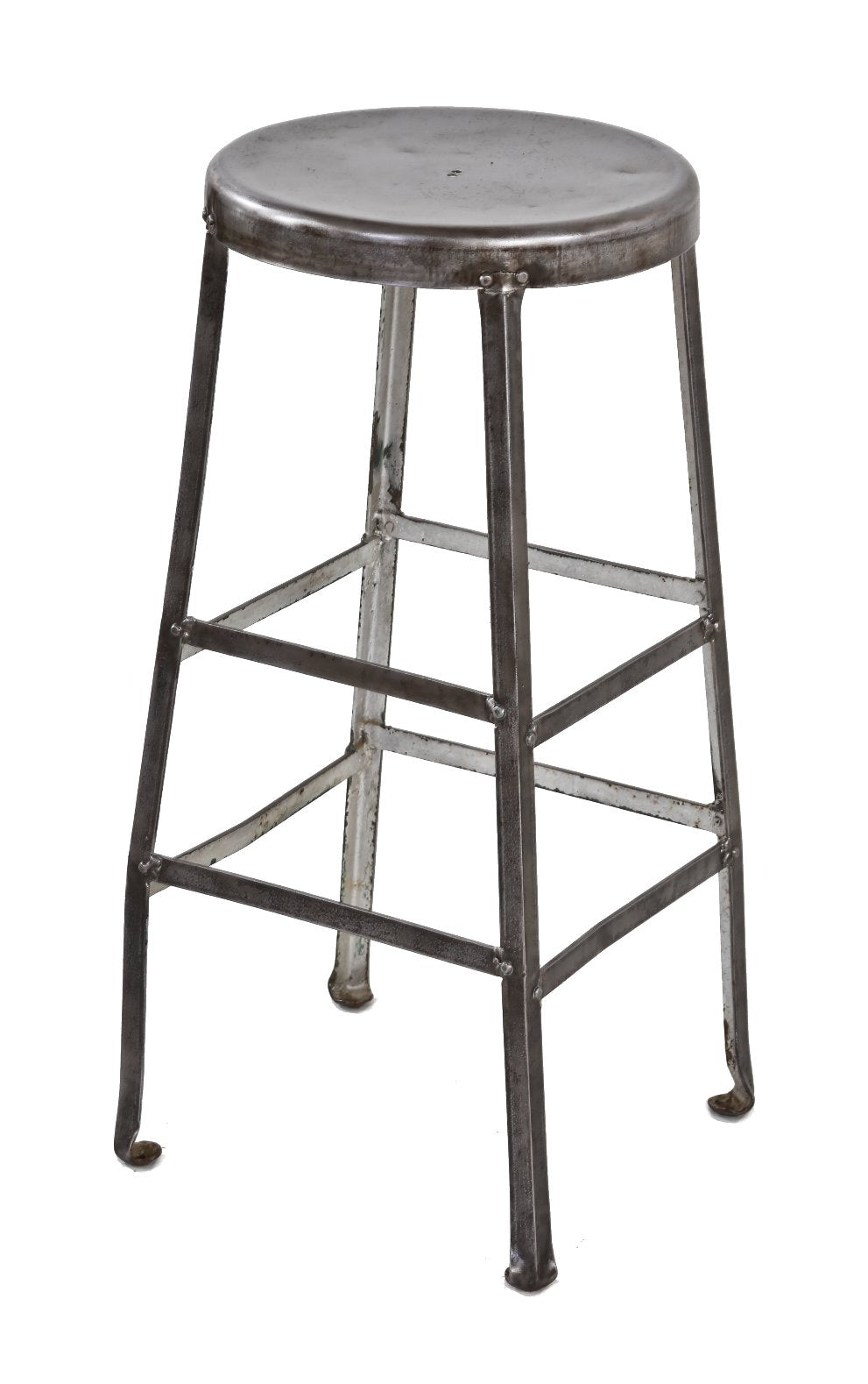 original c. 1920's american antique industrial heavy gauge riveted joint steel four-legged freestanding machine shop stool with inward-turned ball feet