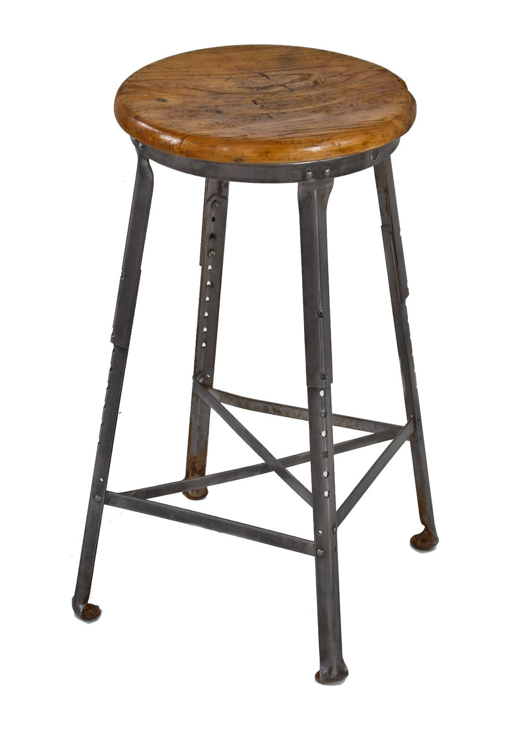 c. 1920's original american industrial four-legged stationary adjustable height joliet prison workshop reinforced angled steel stool with intact solid oak wood circular-shaped seat