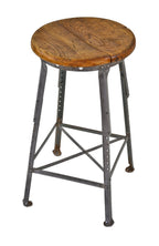 antique american industrial joliet penitentiary convict or inmate's workshop four-legged angled steel adjustable height stool with original solid male wood seat