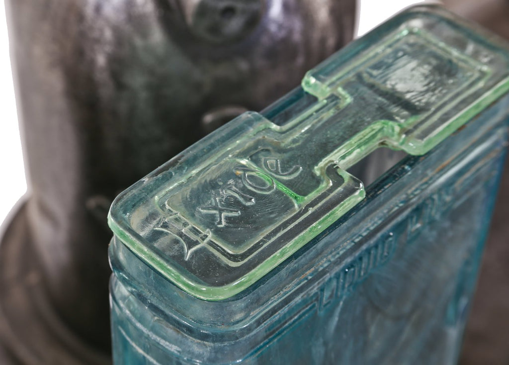 four early 20th century original and intact american antique industrial aqua blue glass exide rural residential thinly-shaped power plant battery jars with acid-spill glass covers