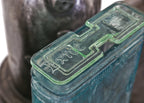 four early 20th century original and intact american antique industrial aqua blue glass exide rural residential thinly-shaped power plant battery jars with acid-spill glass covers