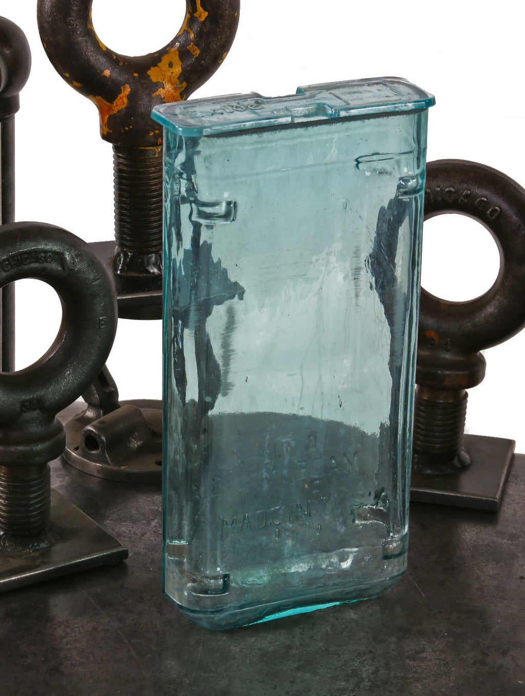 single early 20th century "aqua-blue" american antique industrial exide brand "power plant" battery cell jar with original and intact embossed acid-proof or splash cover